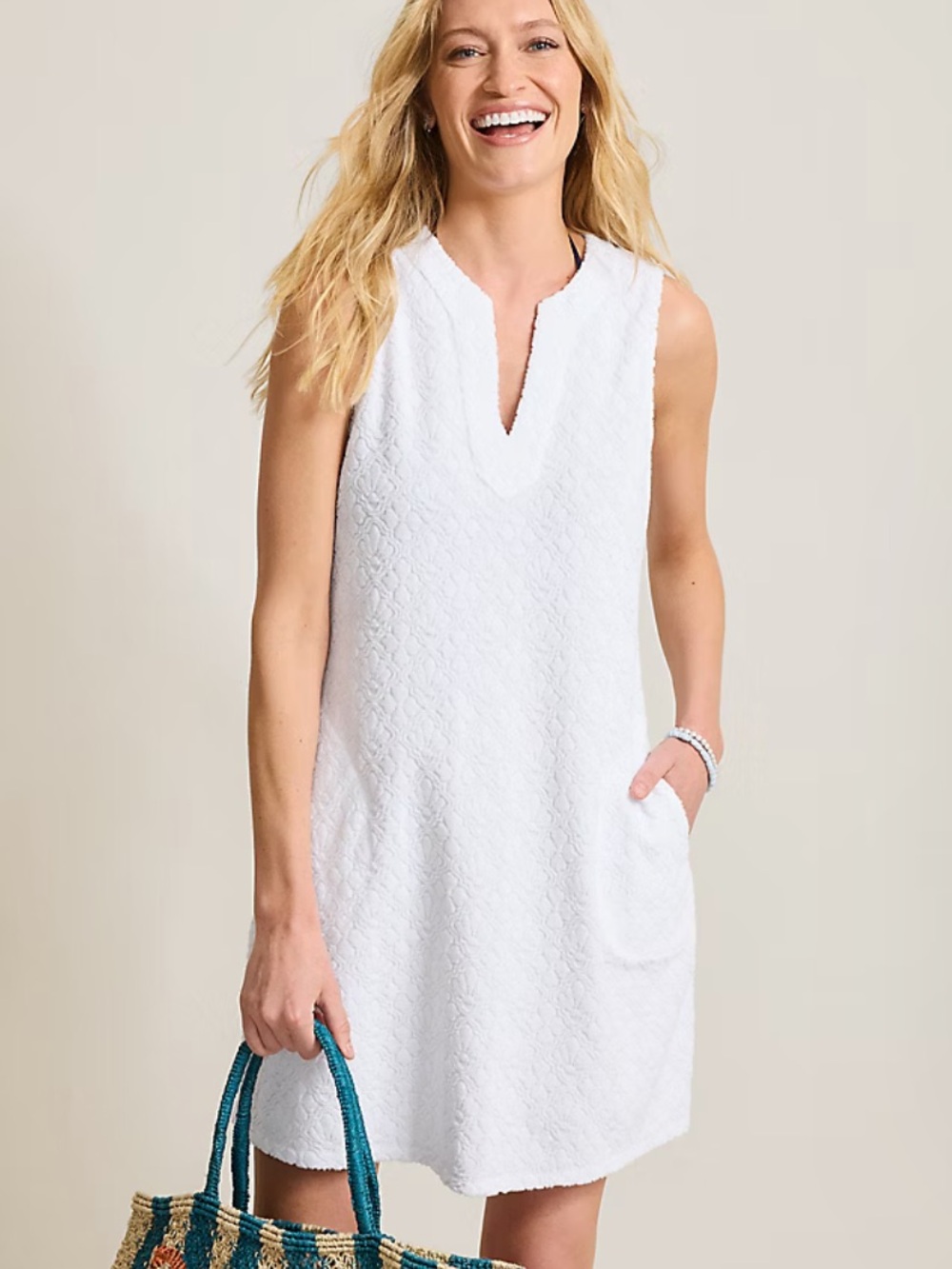 Tommy Bahama NEW Textured Terry Shift Coverup Dress White Womens L Resortwear